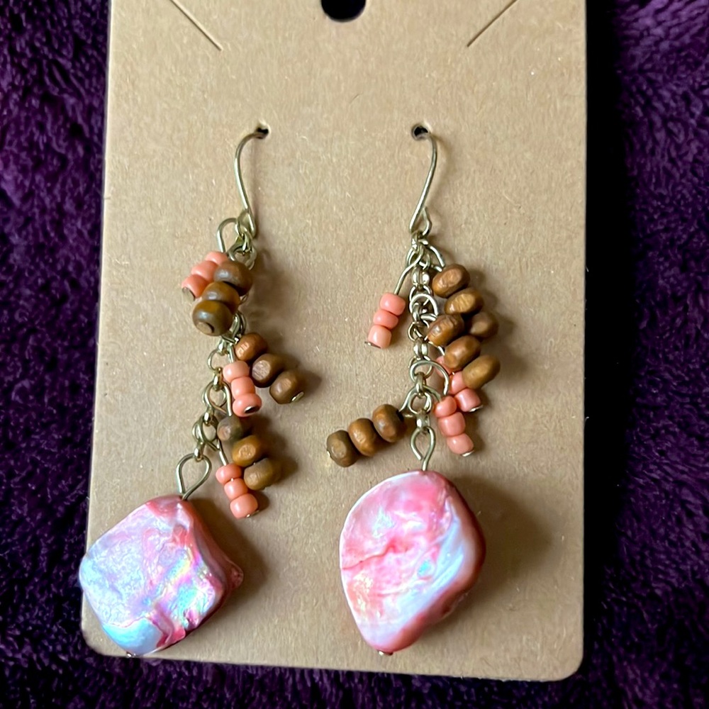 Pierced Pink Iridiscente Shell and Wood Dangly Earrings